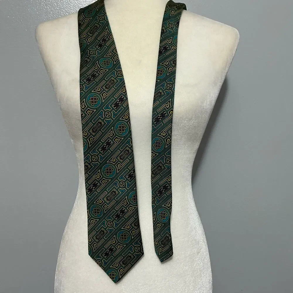 BSL Celtic Geometric Patterned Tie in Teal and Gold made in Ireland